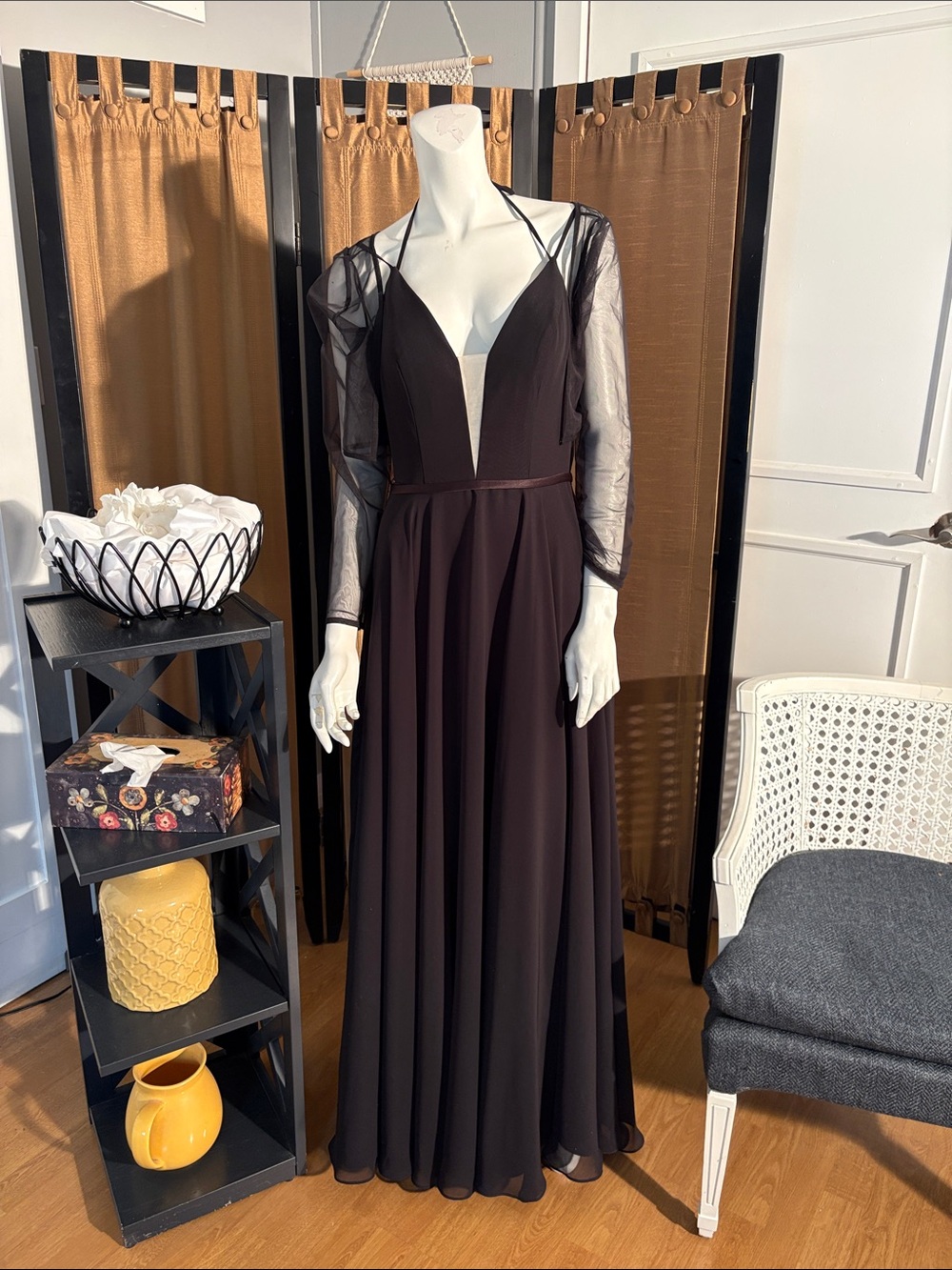 Elegant Black Evening Gown  With Mesh Cover Up And Long Gloves